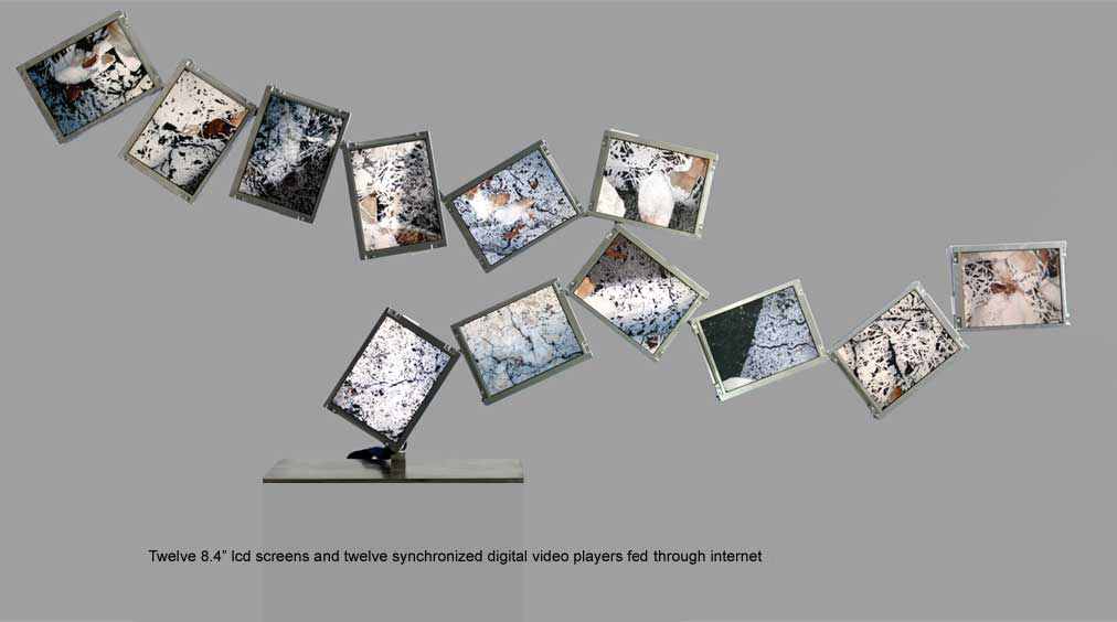 Twelve 8.4''lcd screens and twelve synchronized digital video players feeded through internet